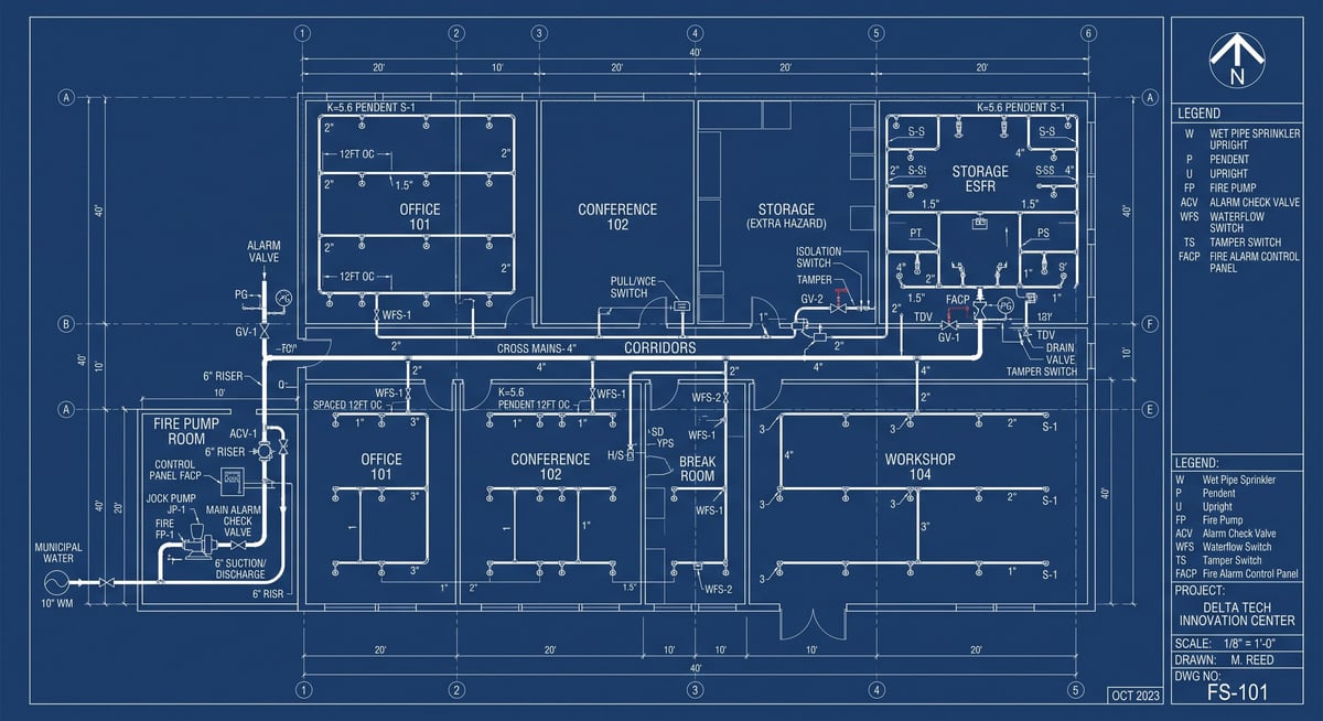 Architectural floor plan blueprint with blue background showing room layouts, dimensions, and structural details